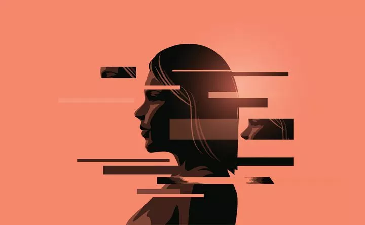 illustration of woman with fragmented mind or thoughts - inpatient