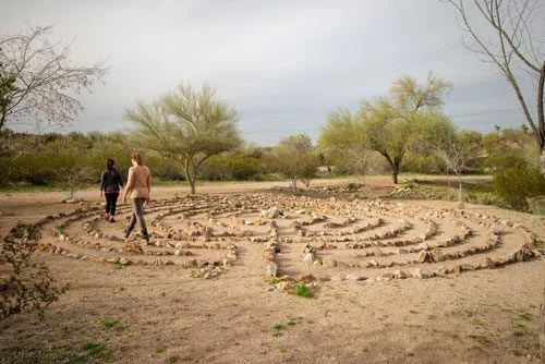 two women walking the Cottonwood labyrinth - Cottonwood Tucson - behavioral health treatment in Arizona