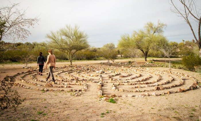 two women walking on labyrinth in desert - Cottonwood Tucson holistic treatment for mood disorders and addiction