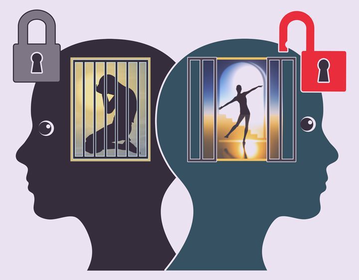 illustration - two heads with cages - one open and the other locked - somatic experiencing