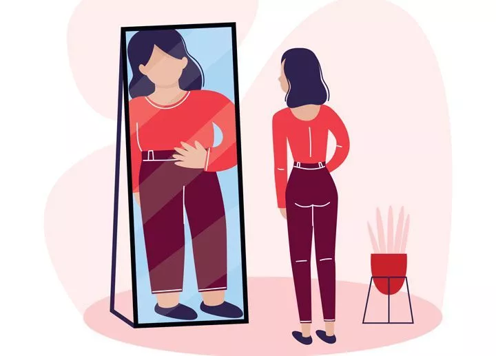 illustration of woman looking into full length mirror, seeing herself larger than she is - eating disorder treatment