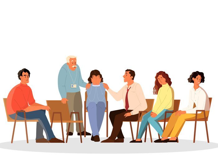 digital illustration of support group - diverse people in chairs in a circle - support role
