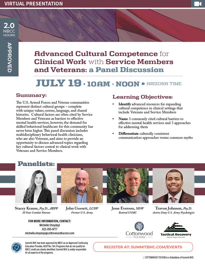Advanced Cultural Competence for Clinical Work with Service Members and Veterans: a Panel Discussion - July 19, 2022 - Virtual Presentation