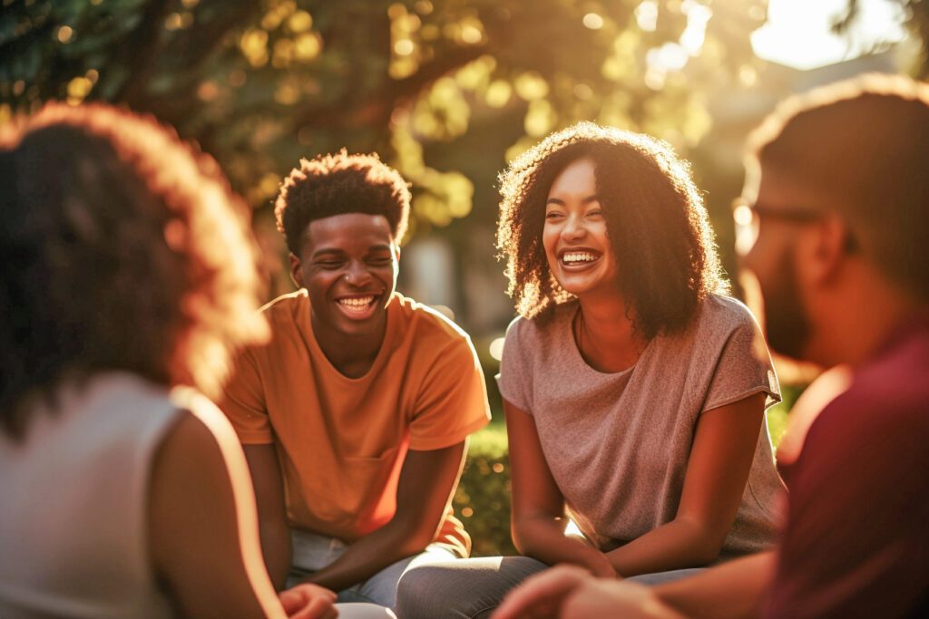 Group of young people sitting on grass talking - what is the recovery lifestyle example