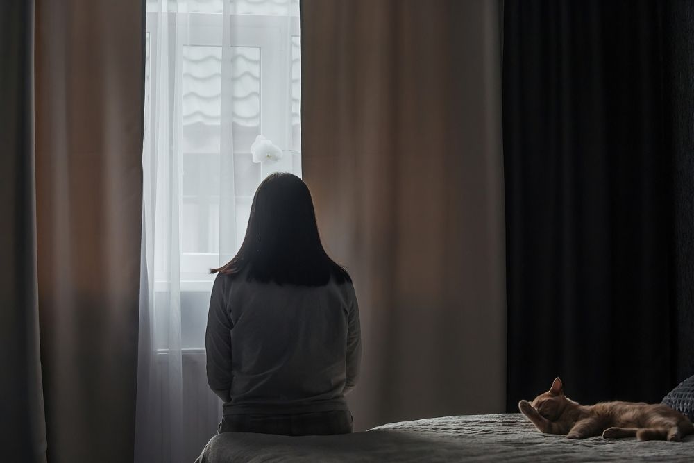 Person sitting on a bed facing a window with curtains drawn, appearing contemplative or withdrawn, with a cat resting nearby—symbolizing seasonal affective disorder.